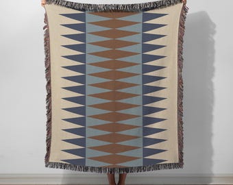 Blue Brown Woven Cotton Throw Blanket: Modern Home Decor