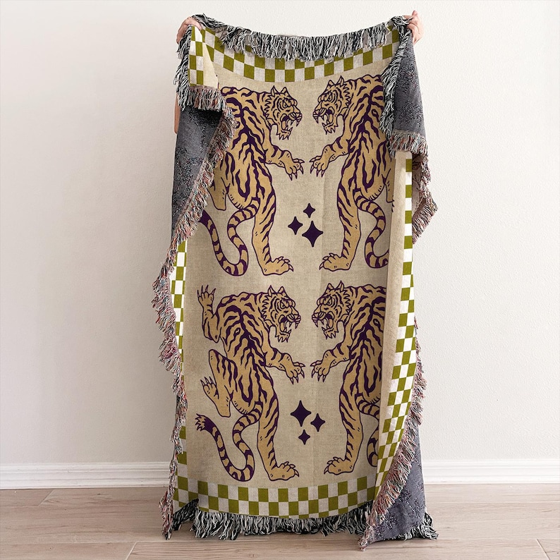 Woven Cotton Throw Blanket: Wild Tiger Checkered Tapestry - Etsy