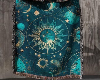 Whimsigoth Woven Blanket: Celestial Moon and Stars Throw