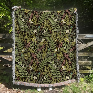 Floral Tapestry Blanket: Dark Green Cotton Woven Throw