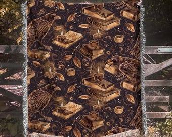 Dark Academia Woven Cotton Throw: Raven, Books Tapestry