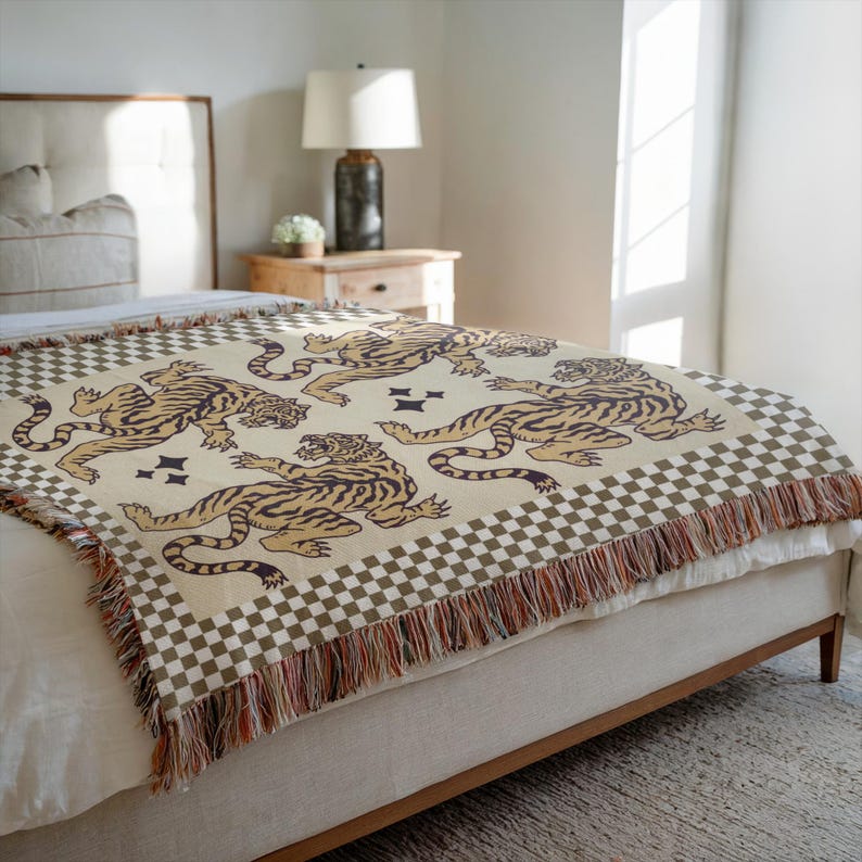 Woven Cotton Throw Blanket: Wild Tiger Checkered Tapestry - Etsy