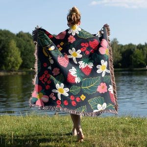Retro Strawberry Girl Gift, Beach Picnic Blanket, Coquette Aesthetic Tapestry, Cotton Woven Throw, Girly Feminine, Strawberry Love Gift