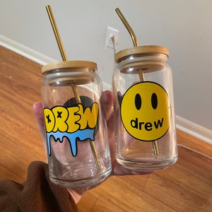 Justin Bieber Drew Can Glass | Can Glass | Iced Coffee Glass | Libbey Can Glass | 16 oz | Beer can glass with lid and straw | Bamboo Lid |