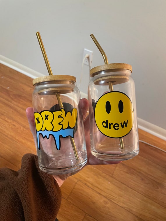 Justin Bieber Drew Can Glass | Can Glass | Iced Coffee Glass | Libbey Can Glass | 16 oz | Beer can glass with lid and straw | Bamboo Lid |