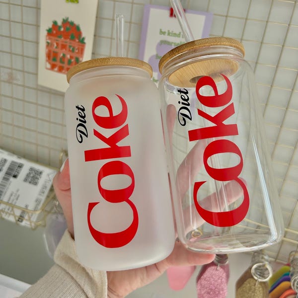 DIET COKE Libbey Can Glass 16 Oz | Iced Coffee Cup | Trendy Can Glass | Cute beer can glass | beer can glass with bamboo lid | Pop can glass