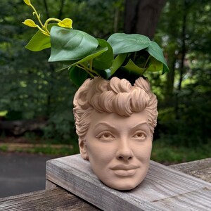 May include: A beige-colored planter shaped like a woman's head, with green leafy plants sprouting from the top. The planter is made of a solid material and sits on a wooden surface, with a blurred green background.