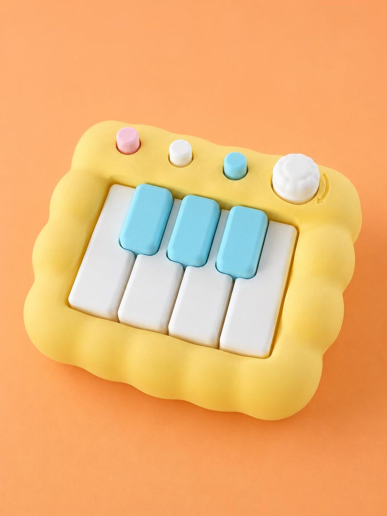 May include: A yellow toy piano with white and blue keys. The toy has a scalloped edge and several colored buttons and a white knob. The background is a solid orange color.