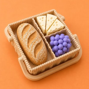 May include: A beige basket filled with a loaf of bread, cheese wedges, and purple grapes. The basket has a handle on each side and is divided into three sections. The bread is golden brown with a textured surface. The cheese is pale yellow, and the grapes are a vibrant purple.