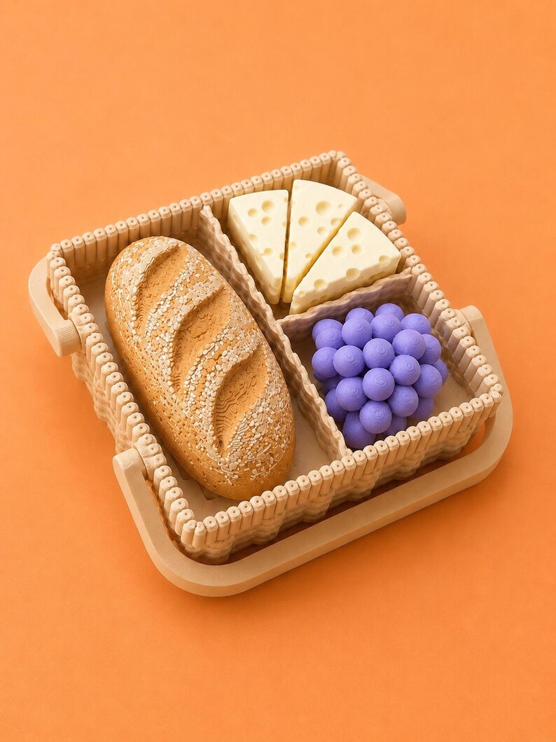 May include: A beige basket filled with a loaf of bread, cheese wedges, and purple grapes. The basket has a handle on each side and is divided into three sections. The bread is golden brown with a textured surface. The cheese is pale yellow, and the grapes are a vibrant purple.