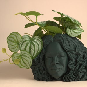 Puede incluir: Un macetero verde oscuro con forma de cabeza de mujer con cabello rizado. El macetero tiene una planta con hojas verdes y blancas que crecen desde la parte superior.