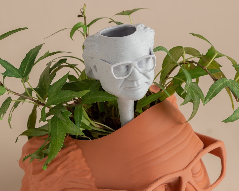May include: A white ceramic planter shaped like a person's head with glasses. The planter has a hole in the top for planting. The planter is sitting on top of a terracotta planter shaped like a person's head with glasses. A green plant is growing out of the top of the white planter.