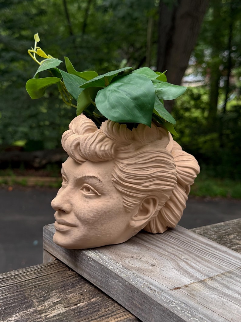 May include: A tan-colored planter shaped like a woman's head, with detailed facial features and hair. Green leafy plant stems emerge from the top of the head. The planter is sitting on a wooden surface.