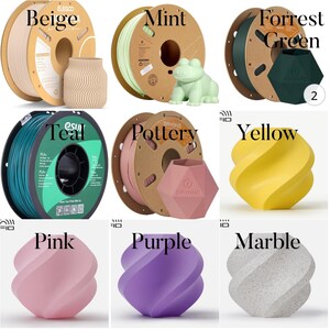 May include: Assortment of 3D printer filament spools in various colors, including beige, mint, forest green, teal, pottery, yellow, pink, purple, and marble. Each spool is labeled with the color name.