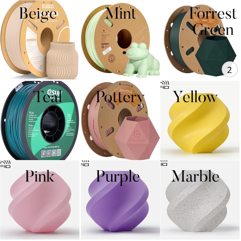 Puede incluir: Surtido de carretes de filamento para impresora 3D en varios colores, incluyendo beige, menta, verde bosque, verde azulado, cer&aacute;mica, amarillo, rosa, morado y m&aacute;rmol. Cada carrete est&aacute; etiquetado con el nombre del color.
