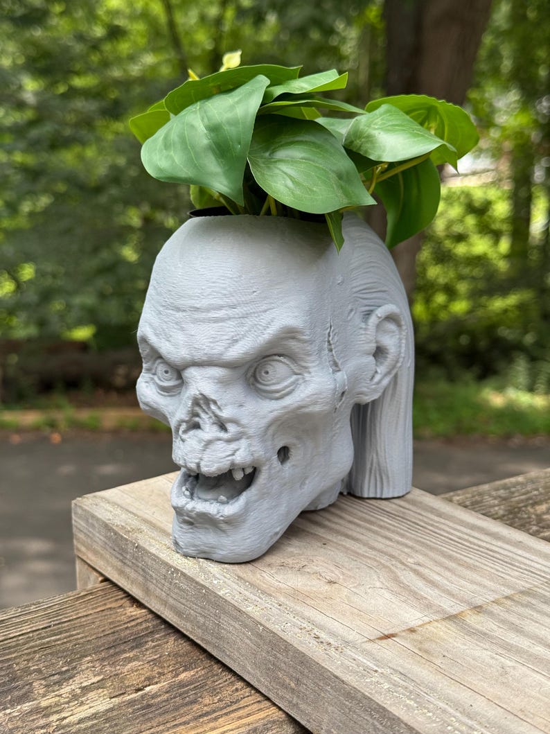 May include: A gray, zombie-head-shaped planter with green leafy plants. The planter has detailed facial features and a textured surface. The plant pot is made of a durable material and is suitable for indoor or outdoor use.