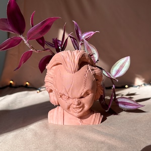 May include: A terracotta-coloured planter shaped like the head of a horror movie character with a stitched-up face. The planter is filled with a leafy green plant with purple leaves.