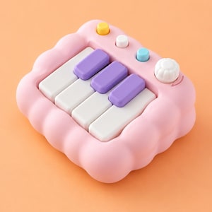 May include: A pink toy piano with white and purple keys, and colorful buttons. The piano has a cloud-like shape and a white knob on the right side. The keys are arranged in a simple layout, suggesting a beginner-friendly design.