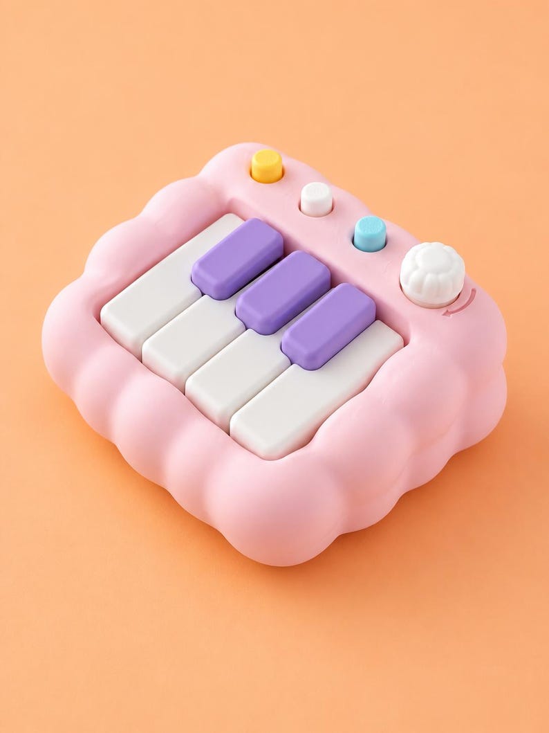 May include: A pink toy piano with white and purple keys, and colorful buttons. The piano has a cloud-like shape and a white knob on the right side. The keys are arranged in a simple layout, suggesting a beginner-friendly design.