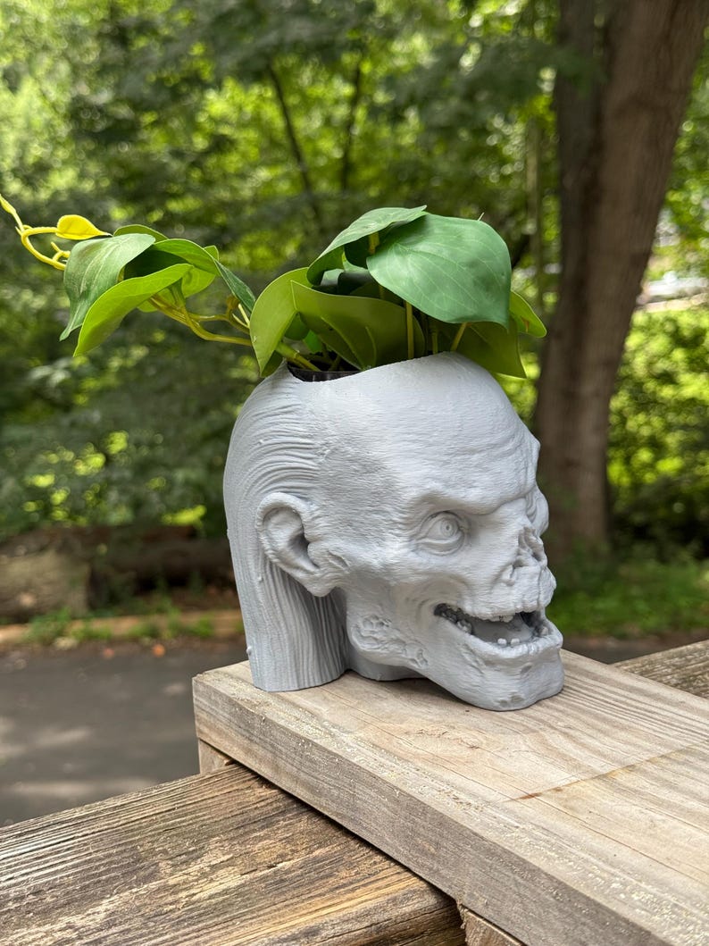 May include: A gray, zombie-themed planter with green leafy plants. The planter is shaped like a human skull with detailed facial features. The plant has large, heart-shaped leaves. The planter sits on a wooden surface.