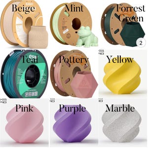 May include: Assortment of 3D printer filament spools in various colors, including beige, mint, forest green, teal, pottery, yellow, pink, purple, and marble. Each spool is labeled with the color name.