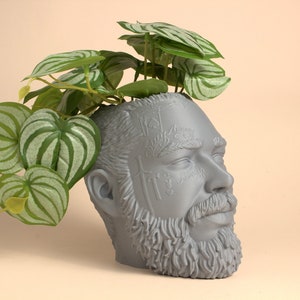 May include: A gray ceramic planter shaped like a man's head with a beard and tattoos. The planter is filled with a green leafy plant.