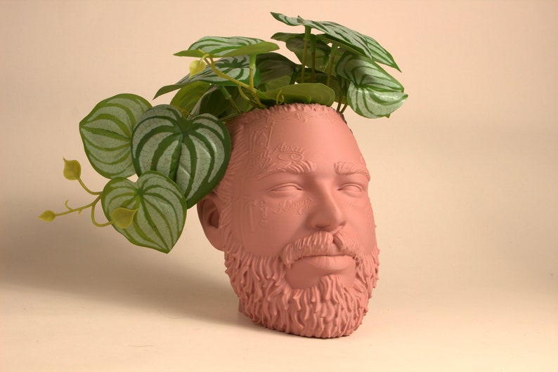May include: A pink ceramic planter shaped like a man's head with a beard. The planter has a plant with green leaves growing out of the top.