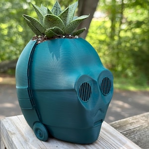 Może przedstawiać: Turkusowa donica w kształcie głowy robota, z dwoma okrągłymi otworami na oczy i małymi ustami. W głowie posadzono sukulent o zielonych i białych nakrapianych liściach. Donica ma koło z boku.