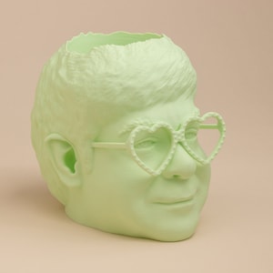 May include: A light green ceramic planter shaped like a person's head with a broken top, wearing heart-shaped glasses.