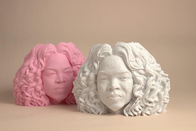Puede incluir: Dos bustos de mujer impresos en 3D con cabello rizado. Un busto es rosa y el otro es blanco.