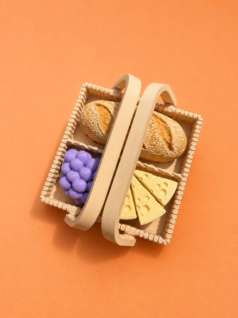 May include: A wicker basket with a handle, containing two loaves of bread, a bunch of purple grapes, and three slices of yellow cheese. The basket is set against an orange background.