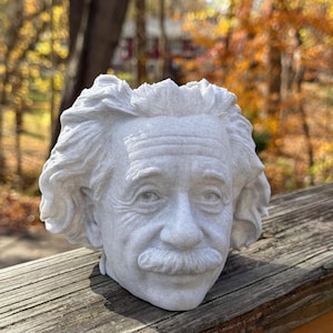 May include: A detailed, white bust of Albert Einstein, featuring his iconic hairstyle and mustache. The sculpture is set against a blurred background of fall foliage and a wooden surface.
