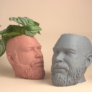 May include: Two ceramic planters shaped like human heads with beards. One planter is pink and has a green plant growing out of the top. The other planter is gray.