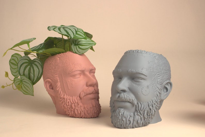 May include: Two ceramic planters shaped like human heads with beards. One planter is pink and has a green plant growing out of the top. The other planter is gray.