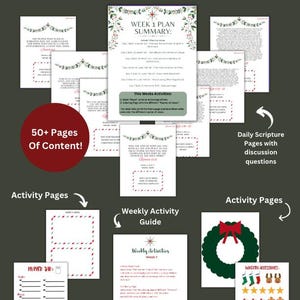 Peut inclure: Un pack d'activités de Noël imprimable avec plus de 50 pages de contenu. Le pack comprend des résumés de plan hebdomadaires, des pages d'Écritures quotidiennes avec des questions de discussion, des pages d'activités et un guide d'activités hebdomadaire. Les pages présentent un thème de Noël avec des couleurs rouge et verte.