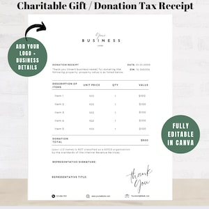 May include: A white donation receipt template with the text "Charitable Gift / Donation Tax Receipt." The document includes fields for business details, item descriptions, unit prices, and a donation total. It also features a "Thank You" signature.
