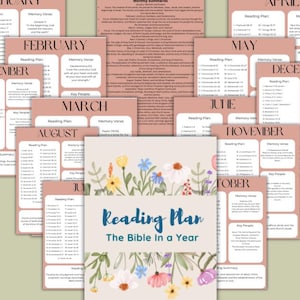 May include: A reading plan for the Bible in a year, with a floral design and the text "Reading Plan The Bible In A Year". The plan is divided into 12 months, with each month having a reading plan, memory verse, key people, and key summary.