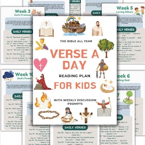 May include: A colourful Bible reading plan for children, titled "Verse A Day," with weekly discussion prompts. The plan features illustrations of biblical scenes and characters, with daily verses listed.