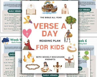 May include: A colorful Bible reading plan for kids, titled "Verse A Day," with weekly discussion prompts. The plan features illustrations of biblical scenes and characters, with daily verses listed.