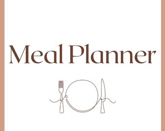 May include: A white background with the text "Meal Planner" in brown font. A simple line drawing of a plate, fork, and knife is below the text.