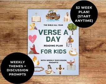 May include: A blue and white illustrated book cover with the title "Verse a Day Reading Plan for Kids". The cover features a variety of illustrations including a heart with a cross, a ship, a tree, and a baby in a manger. The book is a 52-week plan for reading the Bible with children.