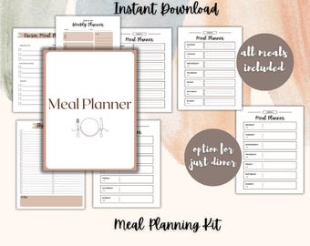 May include: Printable meal planner kit with a minimalist design. The kit includes a weekly planner, a meal planner for all meals, and an option for just dinner. The text "Instant Download" and "Meal Planning Kit" is included in the image.