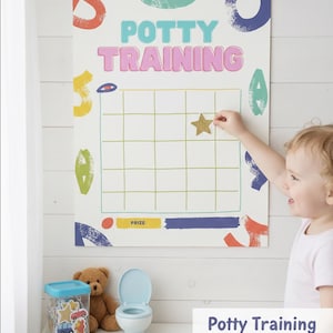 May include: A white potty training chart with colorful accents and the words "POTTY TRAINING" in pink and blue. A child is placing a gold star sticker on the chart. A toy toilet, stickers, and a teddy bear are on the table.