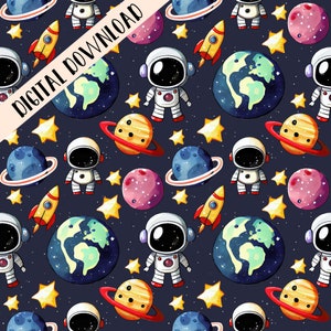 Astronauta PNG, patrón espacial sin costuras, impresiones sin costuras para niños, diseño de sublimación de estrella PNG, papel digital, álbum de recortes digital