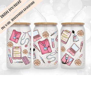 Envoltura para latas Libbey de 16 oz, envoltura para latas de vidrio PNG, diseño de sublimación para enfermería PNG