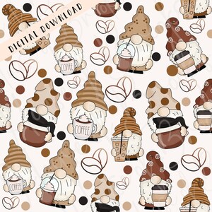 以下が含まれることがあります： コーヒーカップとコーヒー豆を持ったノームが描かれたシームレスパターン。ノームは茶色と白のストライプの帽子をかぶり、茶色のひげを生やしています。背景は白で、茶色と黒のドットが散りばめられています。