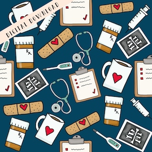 May include: A seamless pattern featuring various medical and healthcare-related illustrations on a dark blue background. The pattern includes a stethoscope, bandages, a thermometer, a prescription bottle, a mug with a heart, a clipboard with a checklist, an x-ray image, and a syringe.
