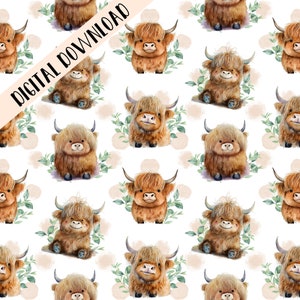 Highland cow seamless pattern, Highland cow PNG