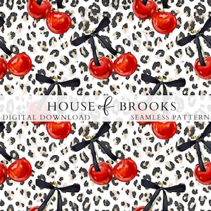 Coquette cherries, Leopard seamless pattern, Digital Fabric, Cherry Digital Pattern, Leopard print digital paper