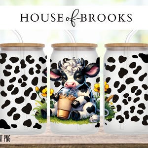 Cow Pattern 16 oz Libbey Glass Wrap,  16 Oz Glass Can Wrap Png, Cow Glass Can Sublimation Design
